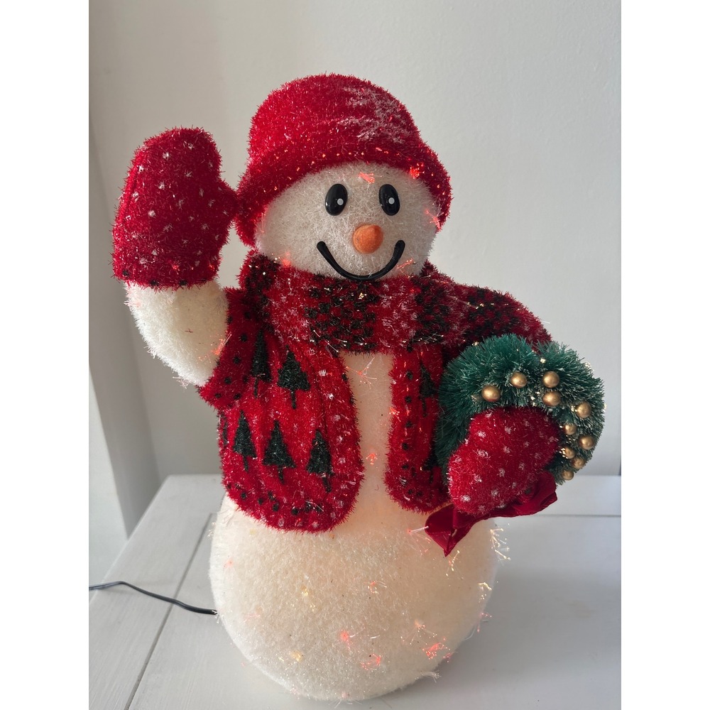 Vintage 80's Light Up Fiber Optic Snowman Holiday Decor Red Sweater Wreath